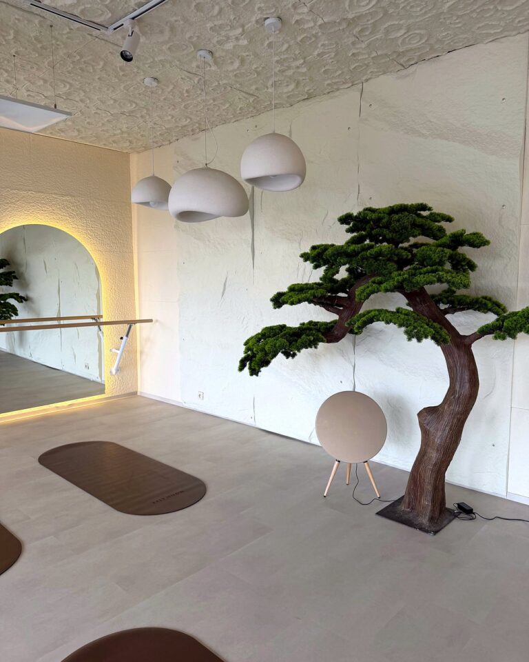 Sála MoonLife Lab Centrum s bonsajom, závesnými lampami a baletnou tyčou